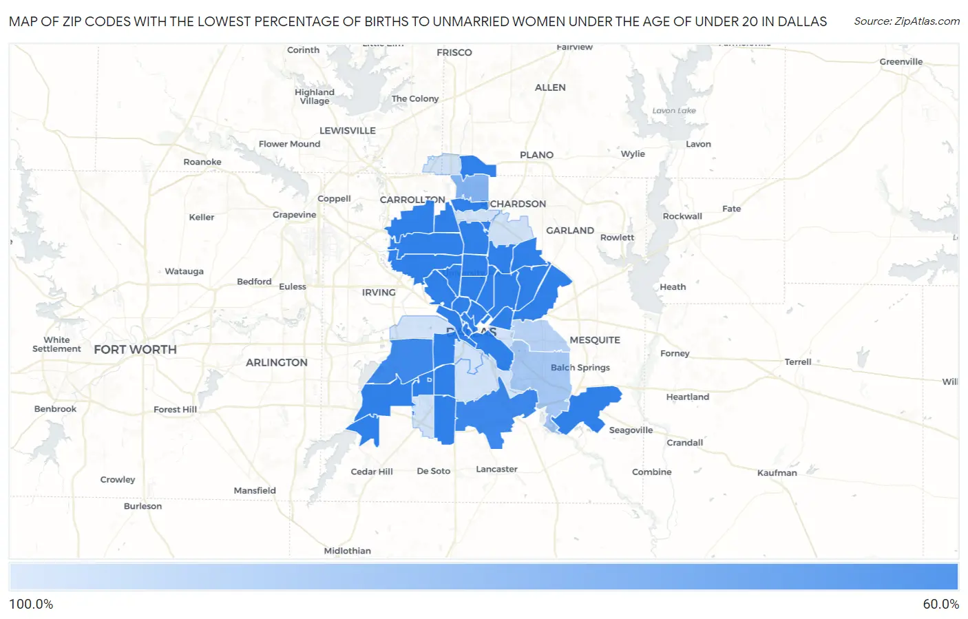 Zip Codes with the Lowest Percentage of Births to Unmarried Women under the Age of under 20 in Dallas Map