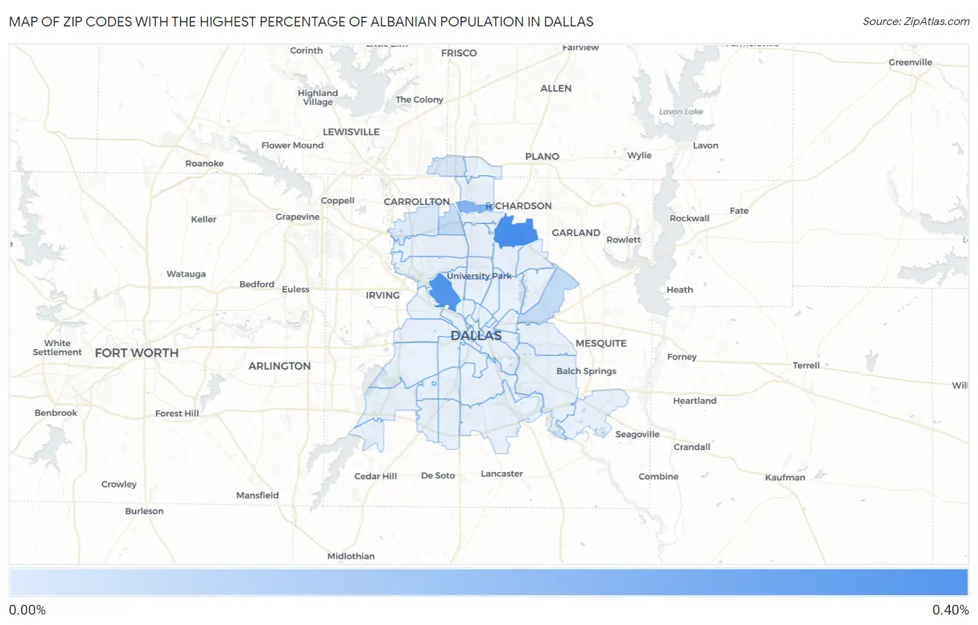 Zip Codes with the Highest Percentage of Albanian Population in Dallas Map