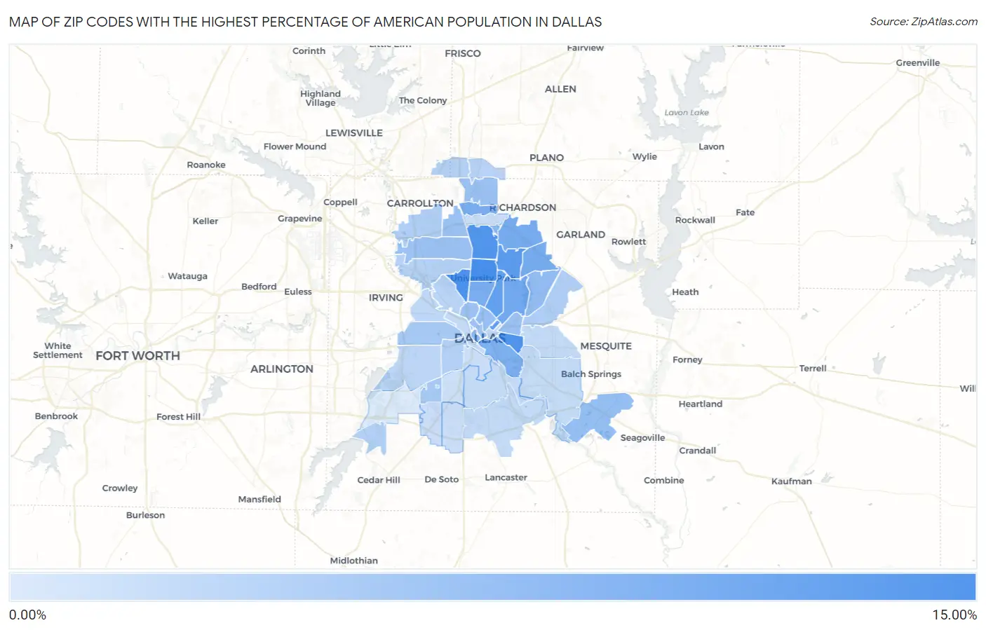 Zip Codes with the Highest Percentage of American Population in Dallas Map