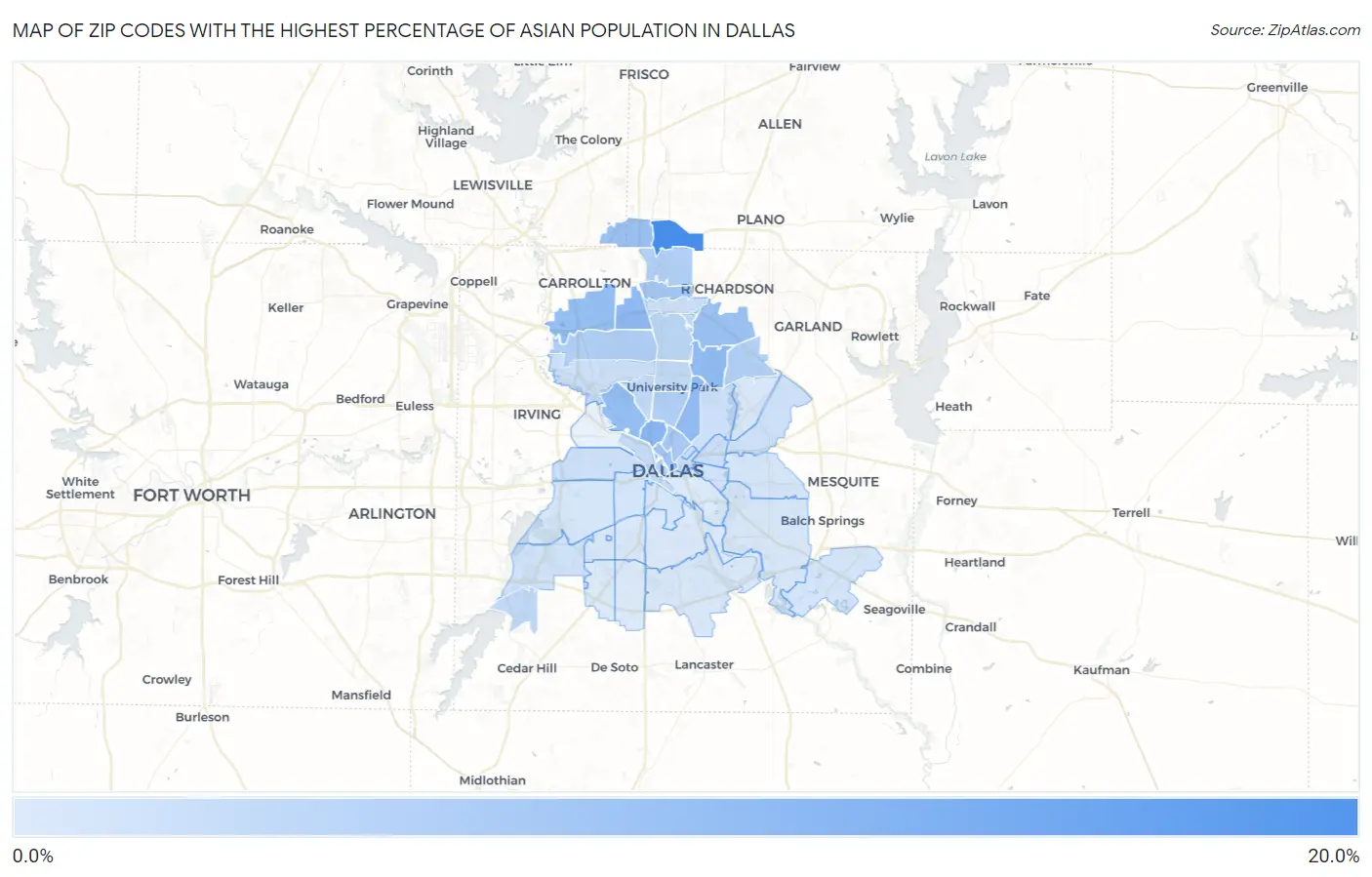 Zip Codes with the Highest Percentage of Asian Population in Dallas Map