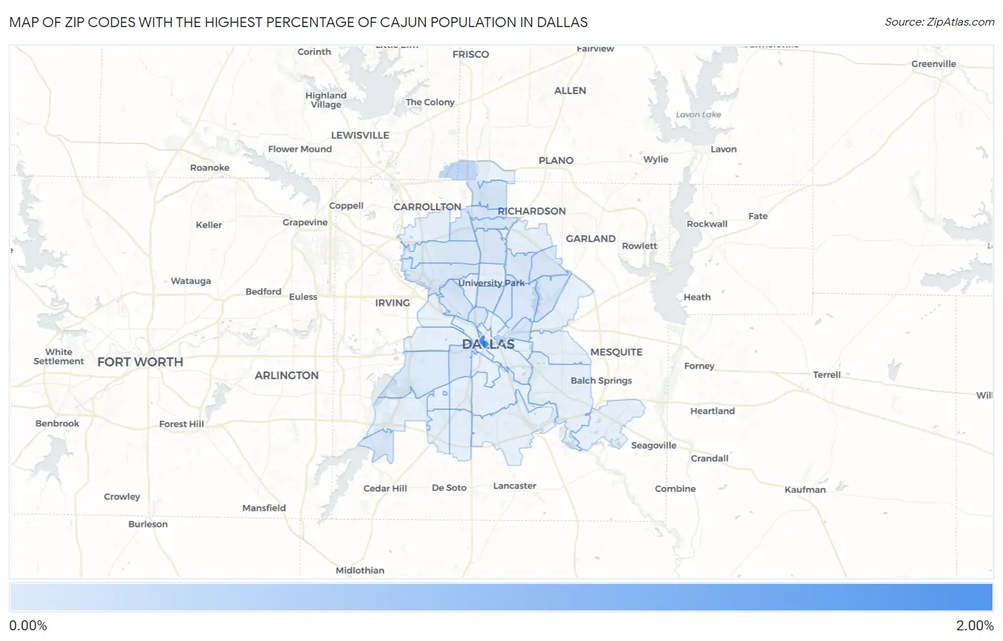 Zip Codes with the Highest Percentage of Cajun Population in Dallas Map