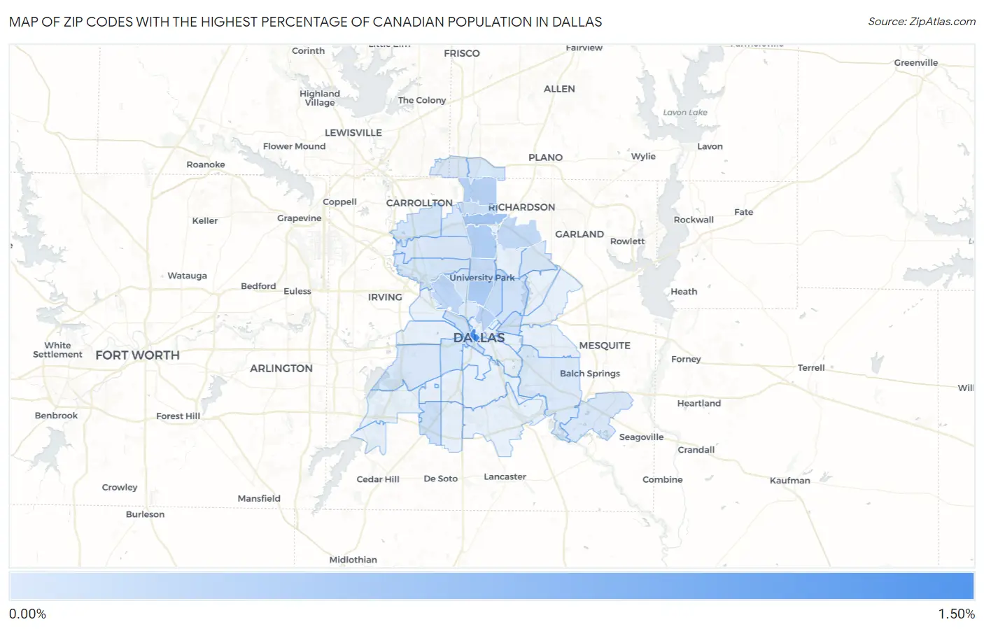 Zip Codes with the Highest Percentage of Canadian Population in Dallas Map