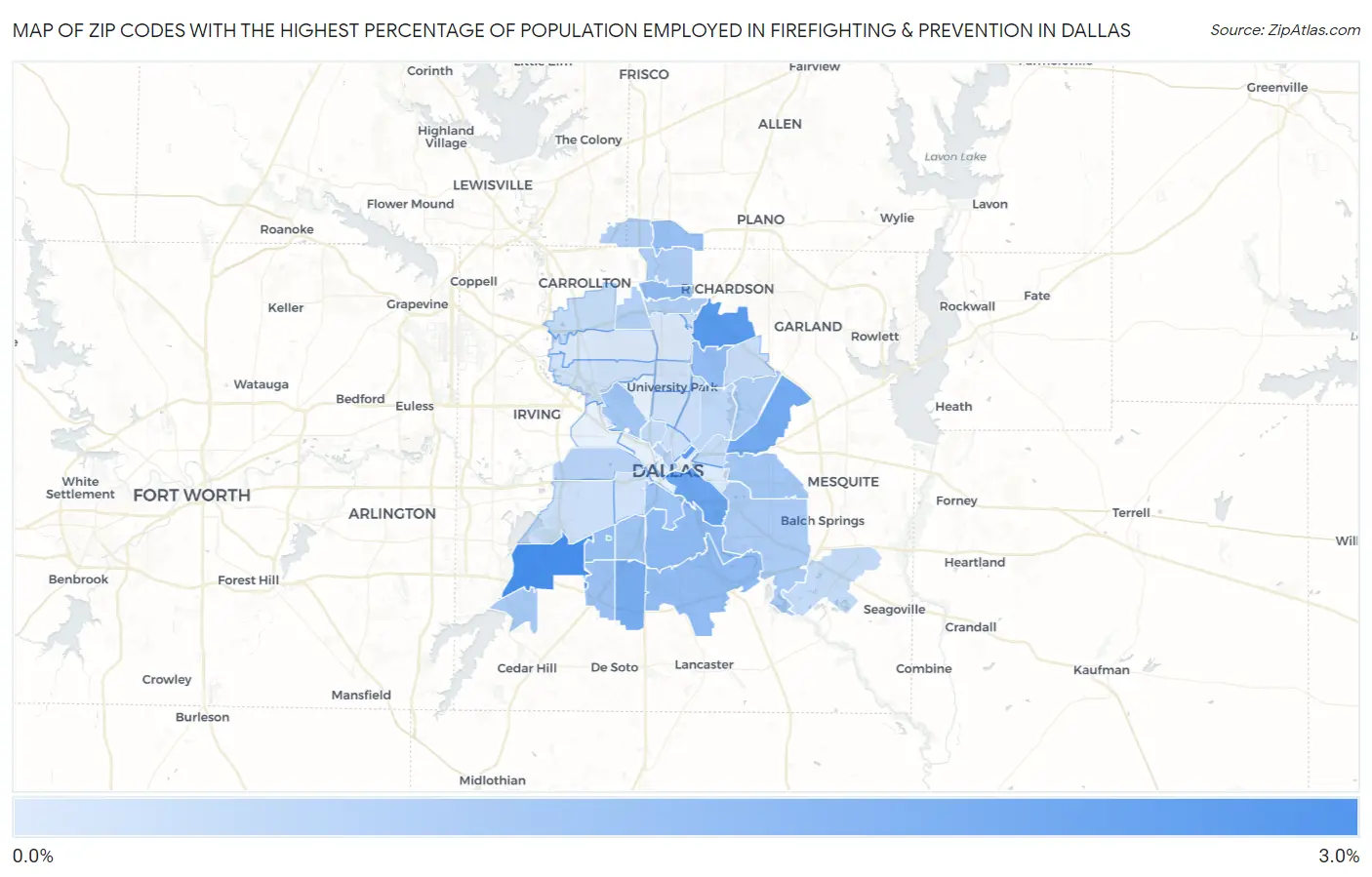 Zip Codes with the Highest Percentage of Population Employed in Firefighting & Prevention in Dallas Map