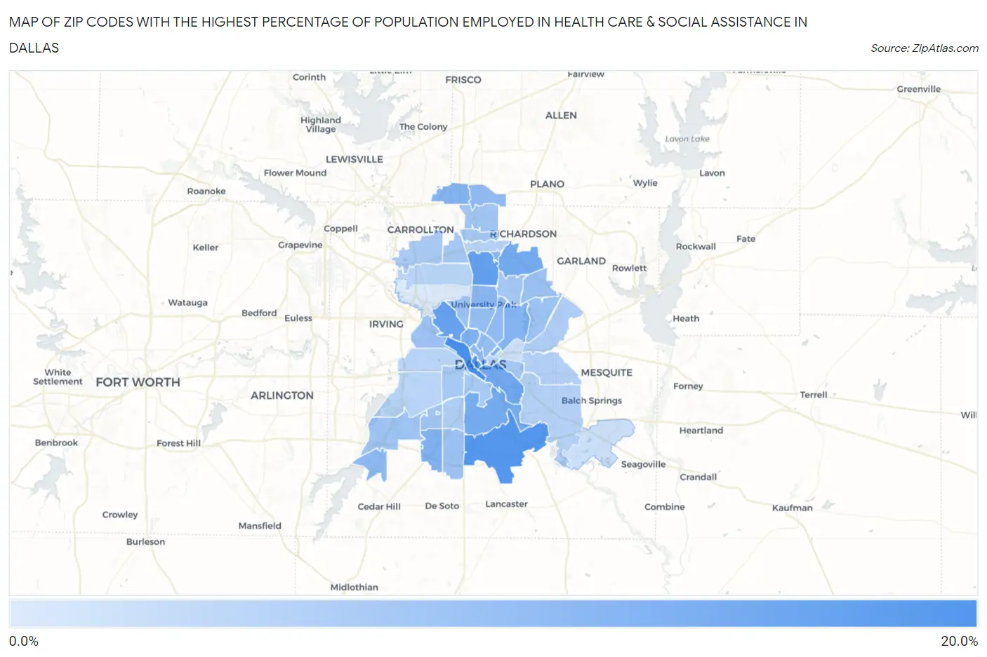 Zip Codes with the Highest Percentage of Population Employed in Health Care & Social Assistance in Dallas Map