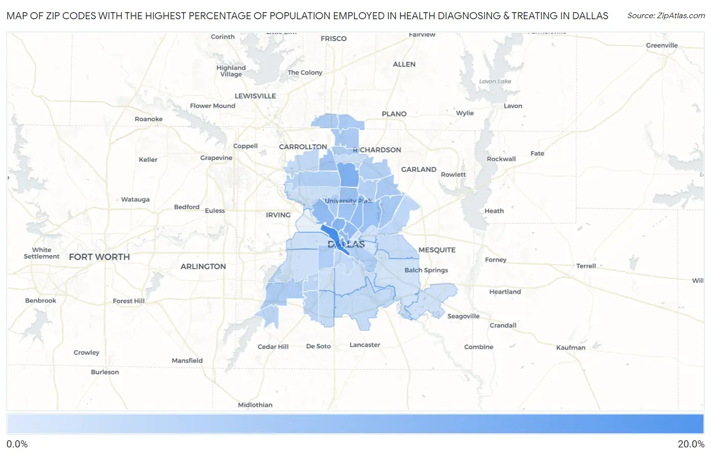 Zip Codes with the Highest Percentage of Population Employed in Health Diagnosing & Treating in Dallas Map