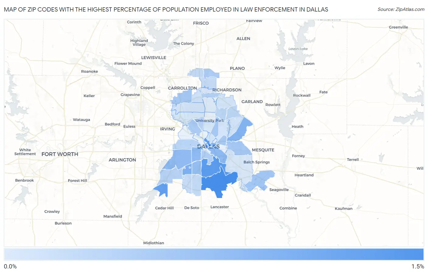 Zip Codes with the Highest Percentage of Population Employed in Law Enforcement in Dallas Map