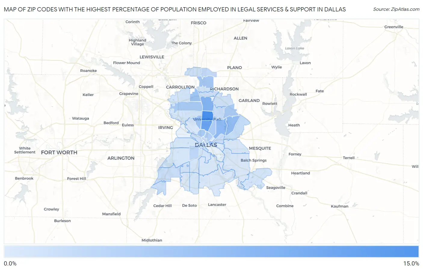 Zip Codes with the Highest Percentage of Population Employed in Legal Services & Support in Dallas Map