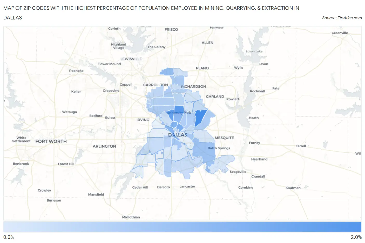 Zip Codes with the Highest Percentage of Population Employed in Mining, Quarrying, & Extraction in Dallas Map