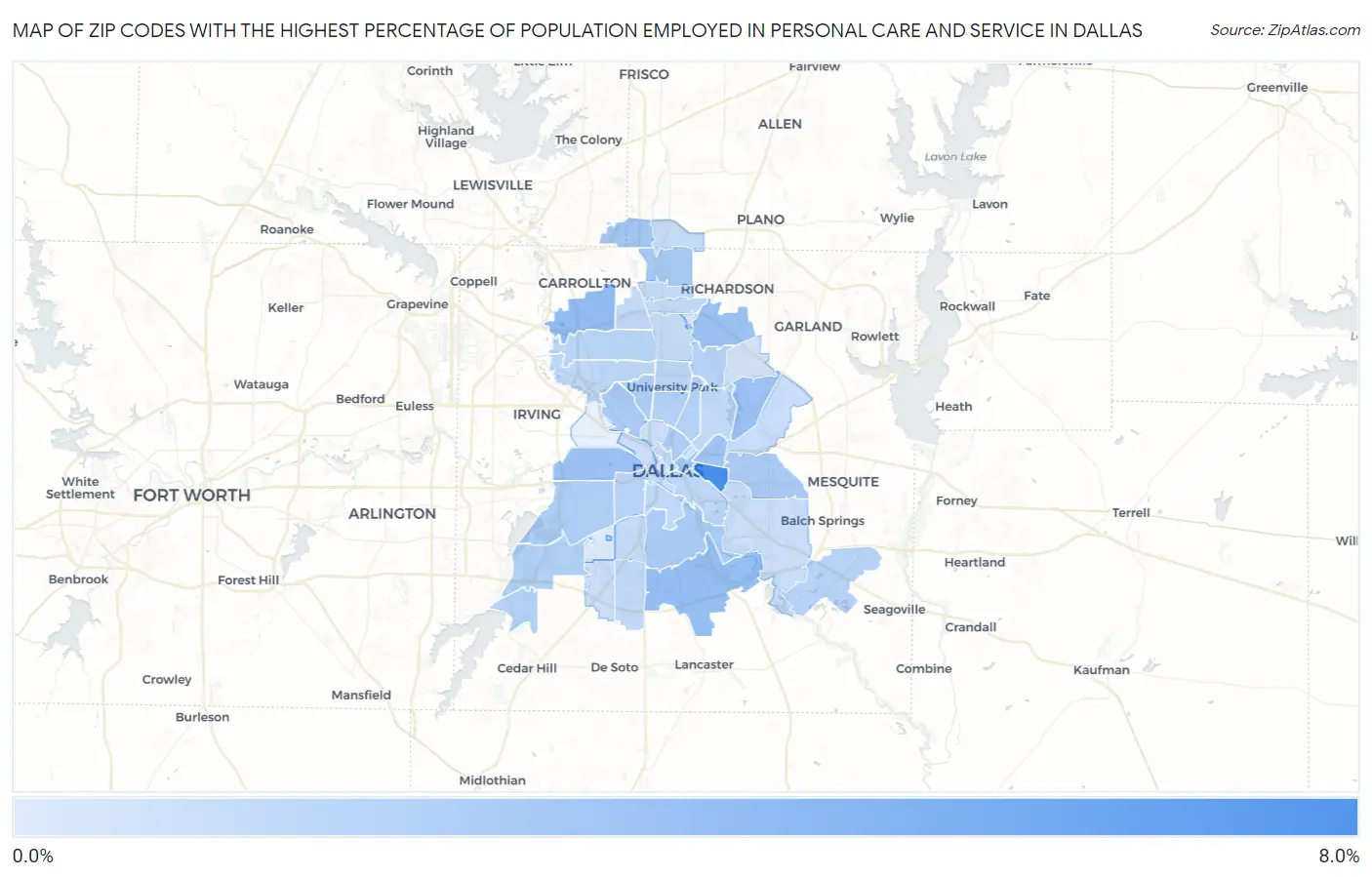 Zip Codes with the Highest Percentage of Population Employed in Personal Care and Service in Dallas Map