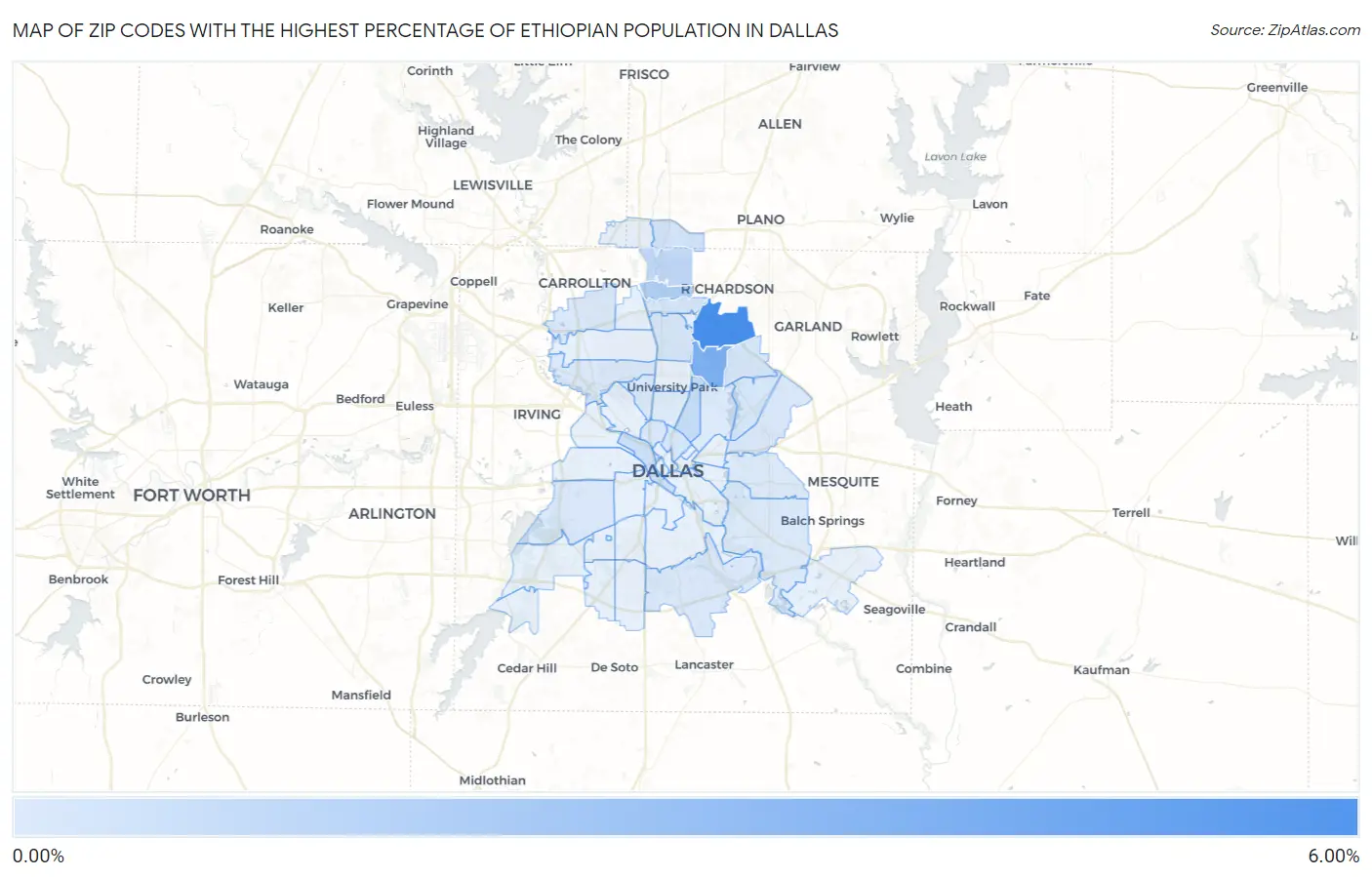 Zip Codes with the Highest Percentage of Ethiopian Population in Dallas Map