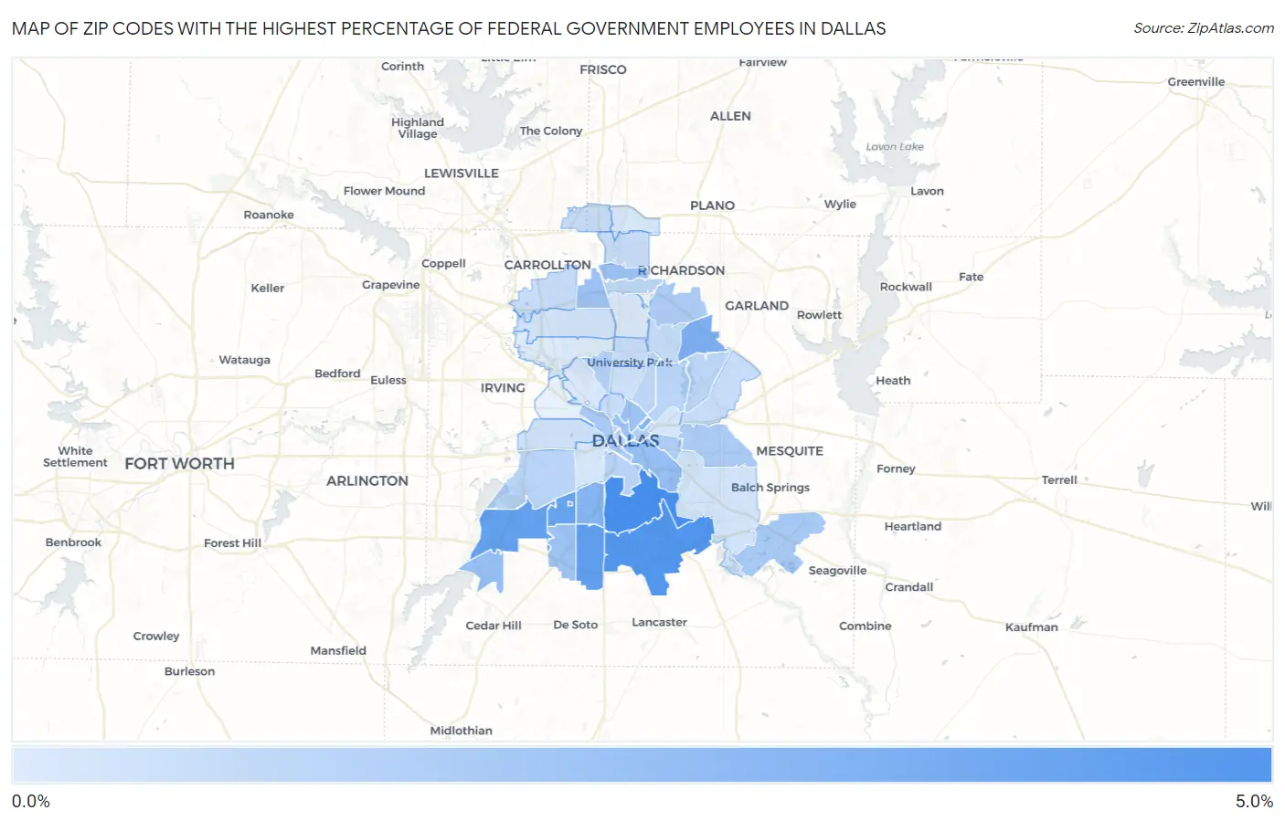 Zip Codes with the Highest Percentage of Federal Government Employees in Dallas Map