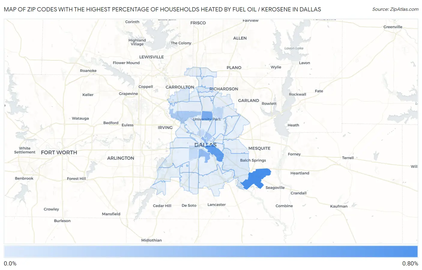 Zip Codes with the Highest Percentage of Households Heated by Fuel Oil / Kerosene in Dallas Map