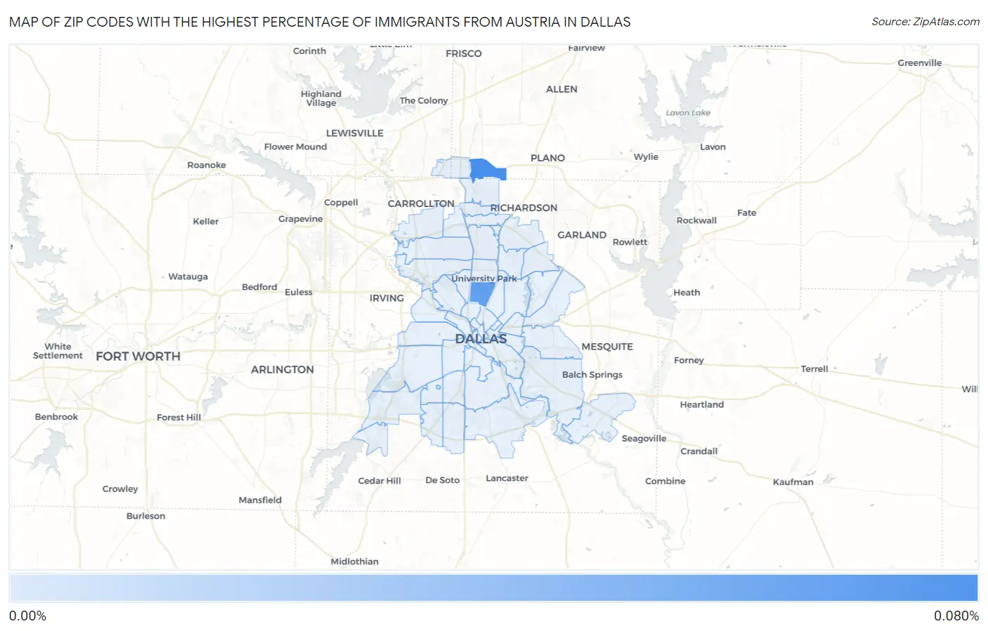 Zip Codes with the Highest Percentage of Immigrants from Austria in Dallas Map