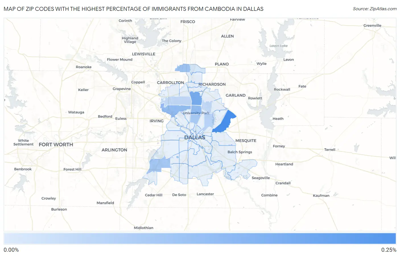 Zip Codes with the Highest Percentage of Immigrants from Cambodia in Dallas Map