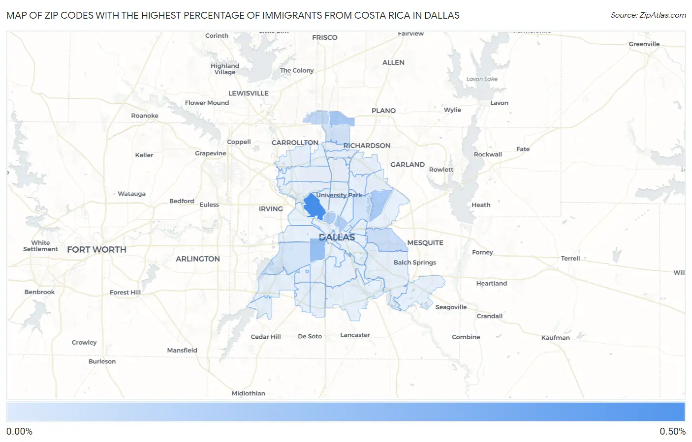 Zip Codes with the Highest Percentage of Immigrants from Costa Rica in Dallas Map