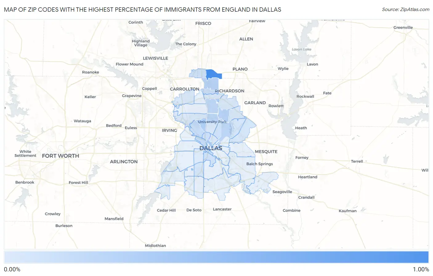 Zip Codes with the Highest Percentage of Immigrants from England in Dallas Map