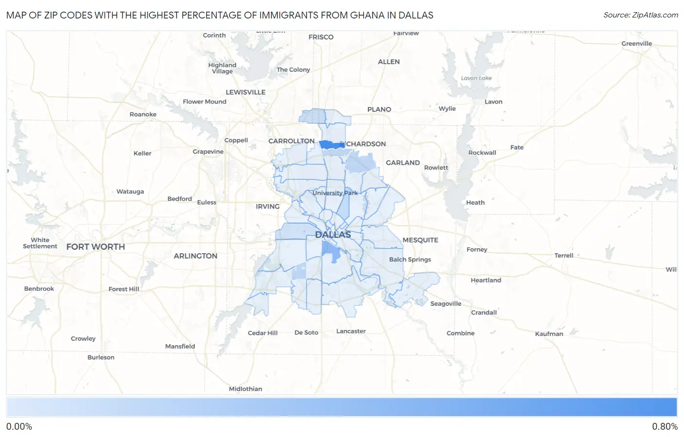 Zip Codes with the Highest Percentage of Immigrants from Ghana in Dallas Map