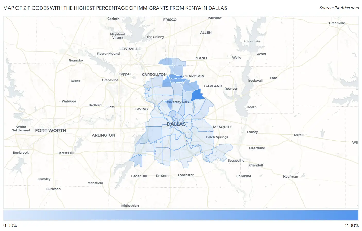 Zip Codes with the Highest Percentage of Immigrants from Kenya in Dallas Map