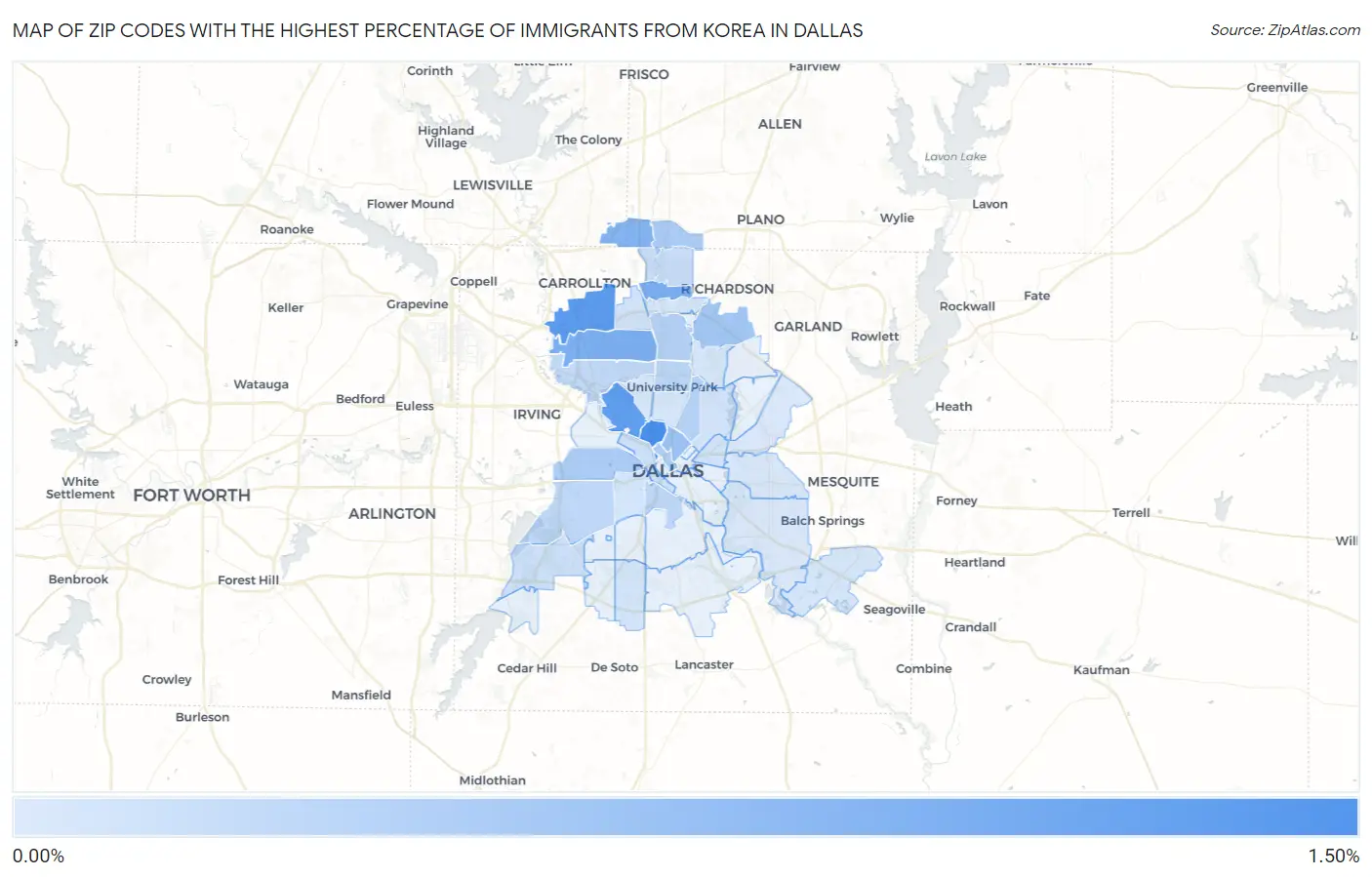 Zip Codes with the Highest Percentage of Immigrants from Korea in Dallas Map
