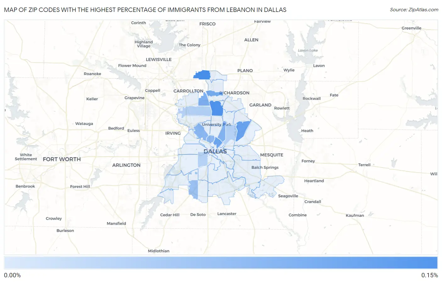 Zip Codes with the Highest Percentage of Immigrants from Lebanon in Dallas Map