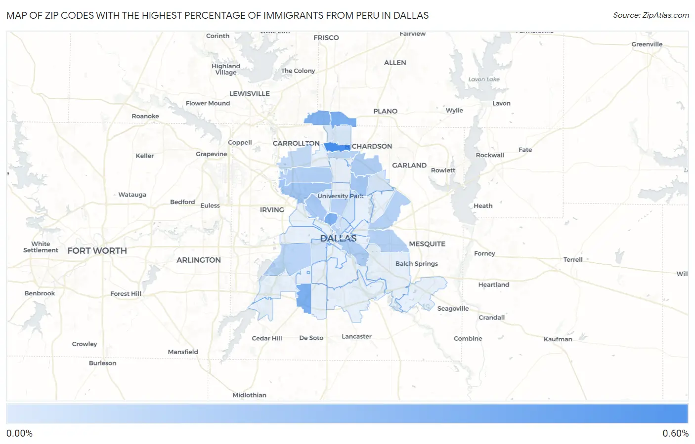 Zip Codes with the Highest Percentage of Immigrants from Peru in Dallas Map