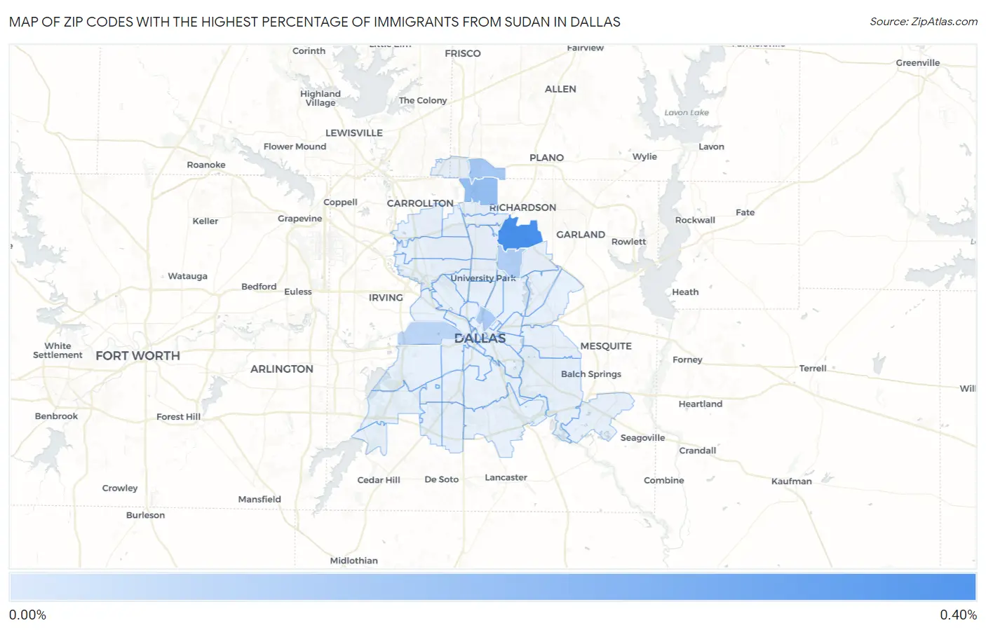 Zip Codes with the Highest Percentage of Immigrants from Sudan in Dallas Map