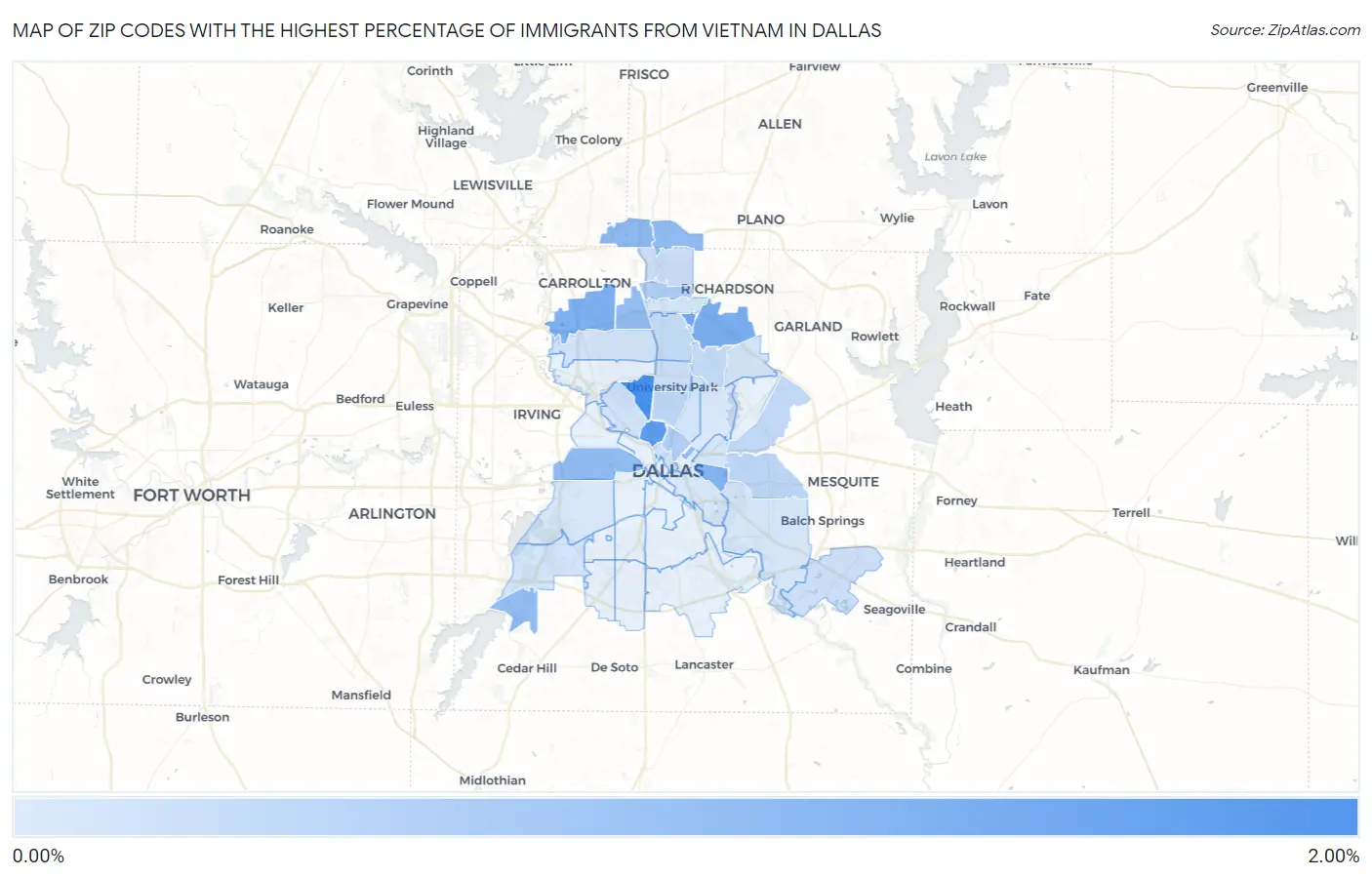 Zip Codes with the Highest Percentage of Immigrants from Vietnam in Dallas Map