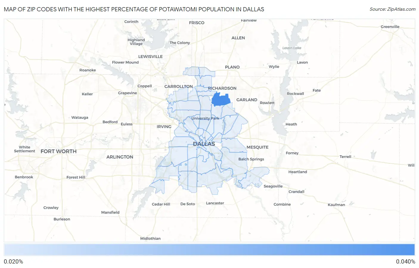 Zip Codes with the Highest Percentage of Potawatomi Population in Dallas Map