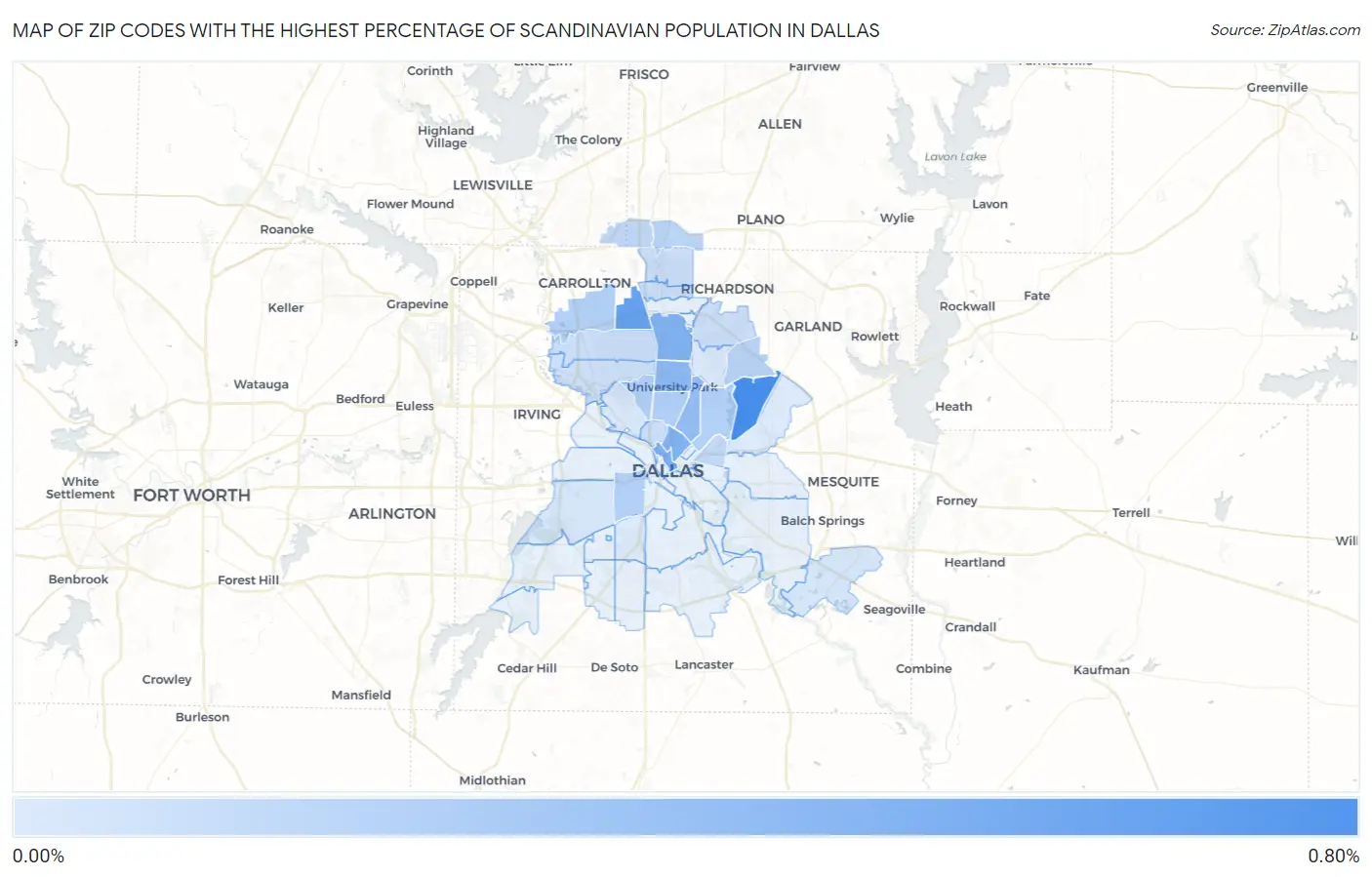 Zip Codes with the Highest Percentage of Scandinavian Population in Dallas Map