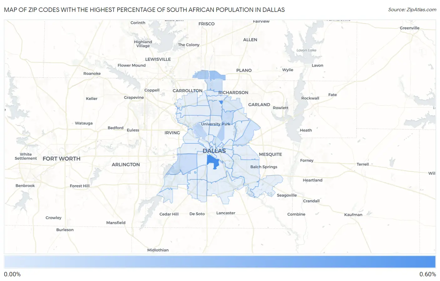 Zip Codes with the Highest Percentage of South African Population in Dallas Map