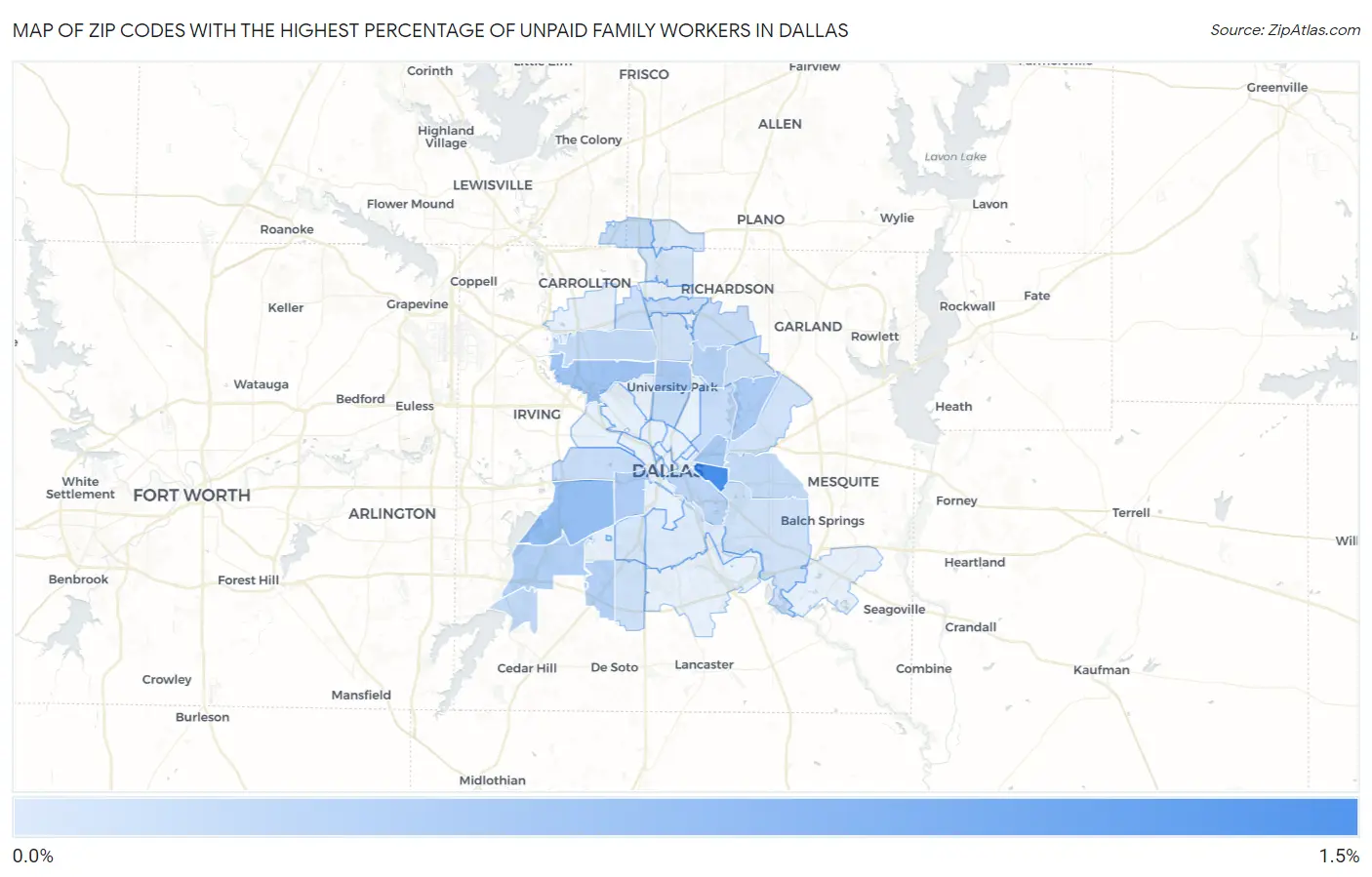 Zip Codes with the Highest Percentage of Unpaid Family Workers in Dallas Map
