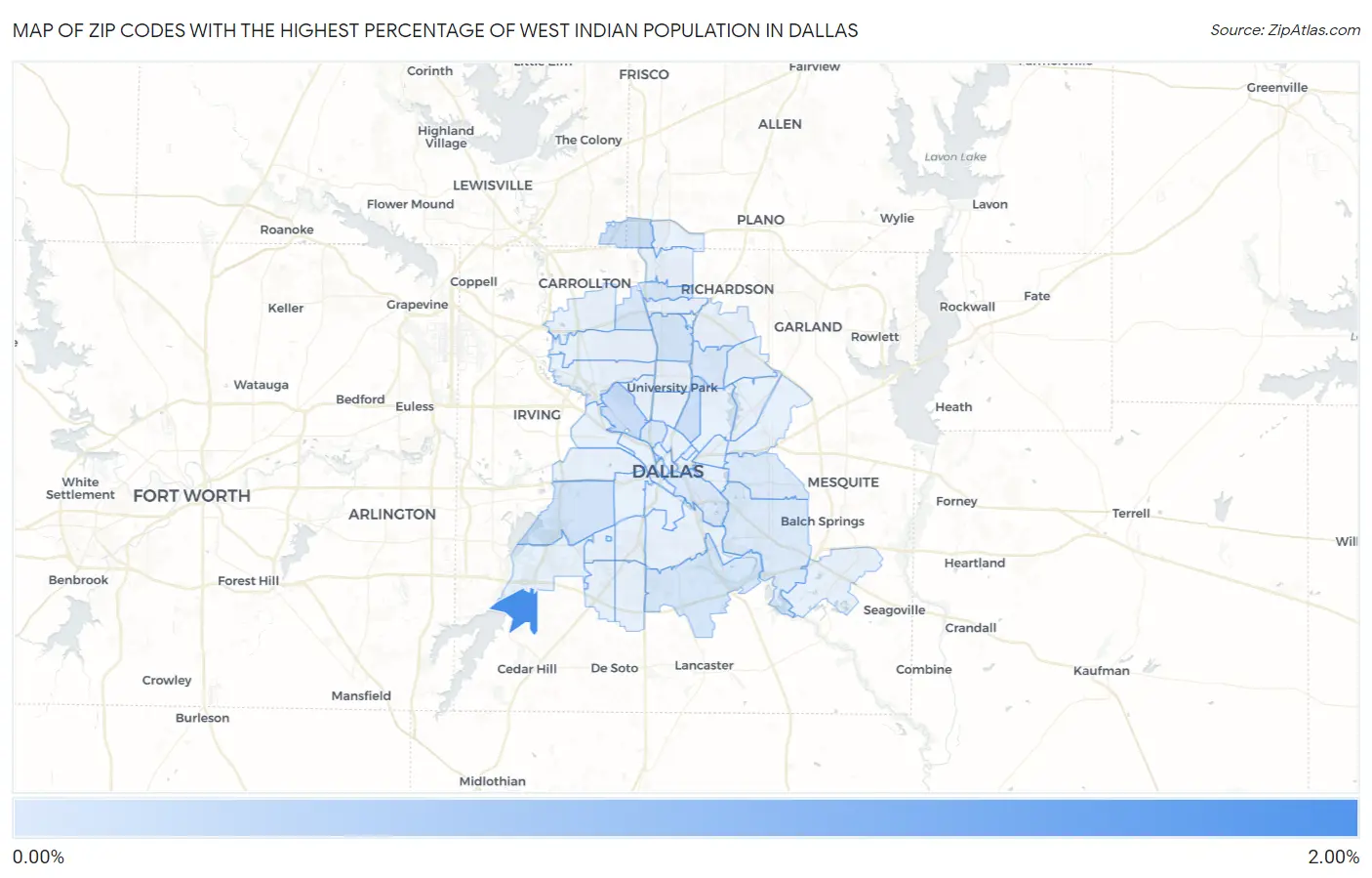 Zip Codes with the Highest Percentage of West Indian Population in Dallas Map