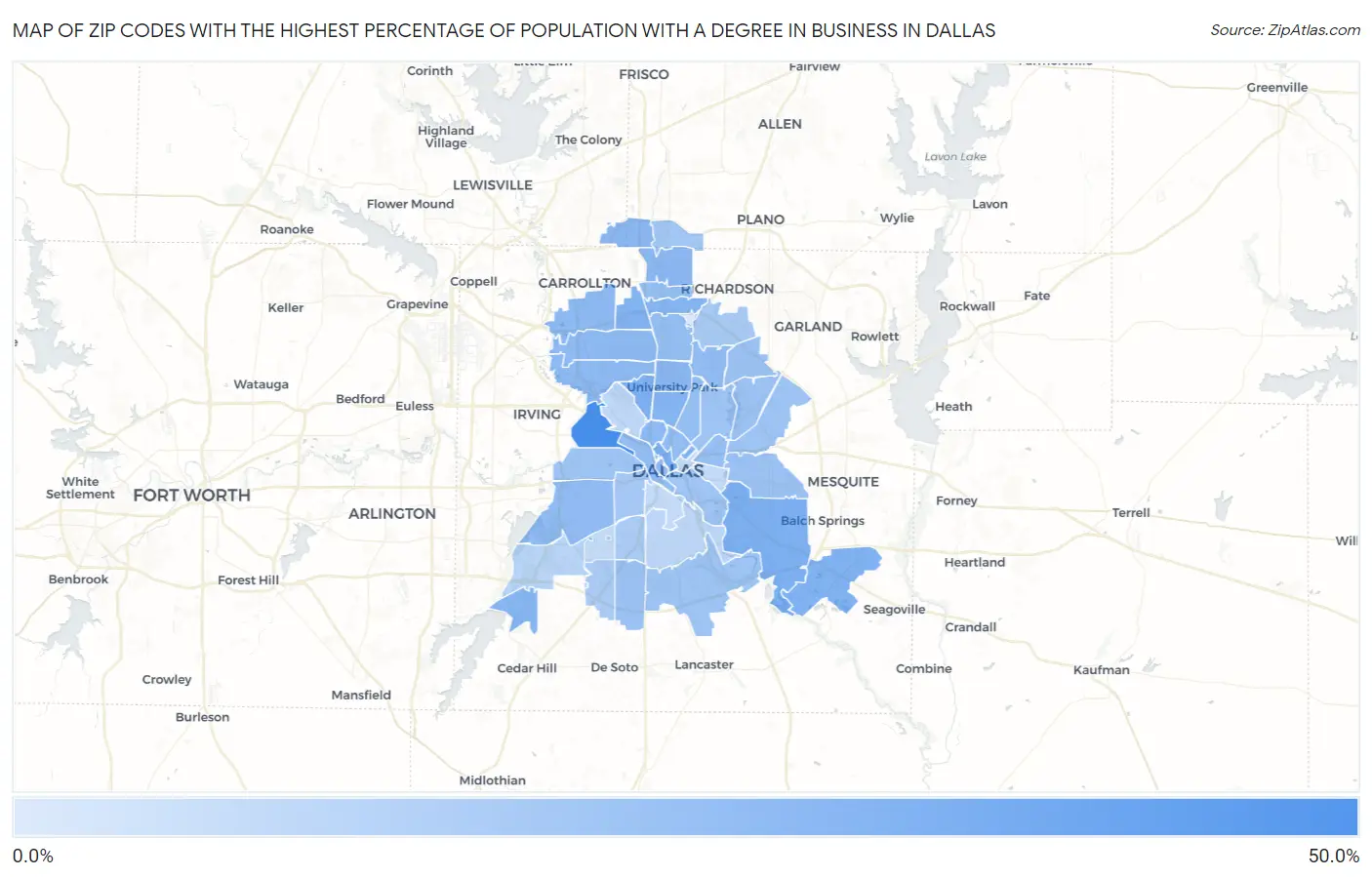 Zip Codes with the Highest Percentage of Population with a Degree in Business in Dallas Map