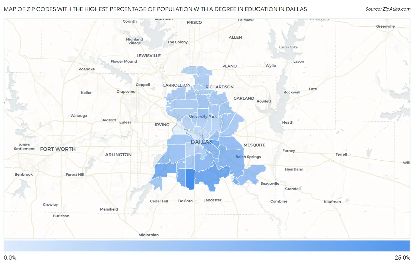 Zip Codes with the Highest Percentage of Population with a Degree in Education in Dallas Map