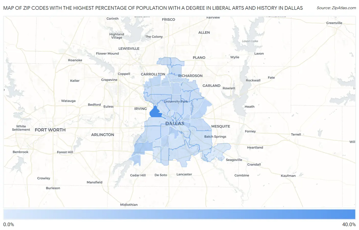 Zip Codes with the Highest Percentage of Population with a Degree in Liberal Arts and History in Dallas Map