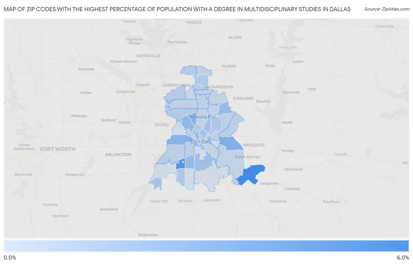 Zip Codes with the Highest Percentage of Population with a Degree in Multidisciplinary Studies in Dallas Map