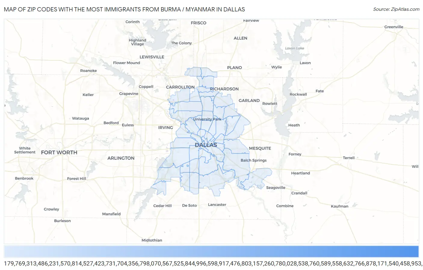 Zip Codes with the Most Immigrants from Burma / Myanmar in Dallas Map