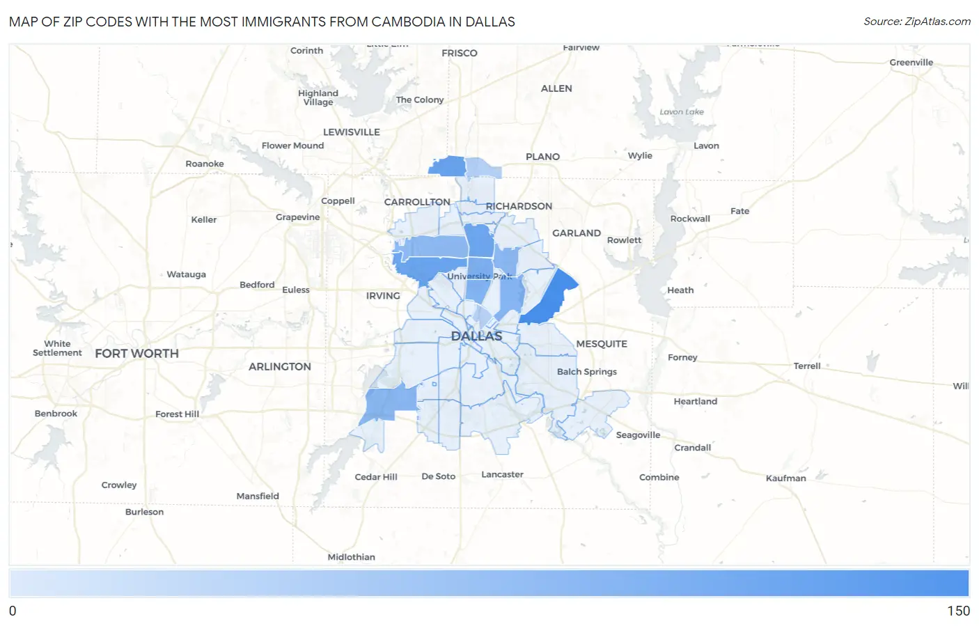 Zip Codes with the Most Immigrants from Cambodia in Dallas Map