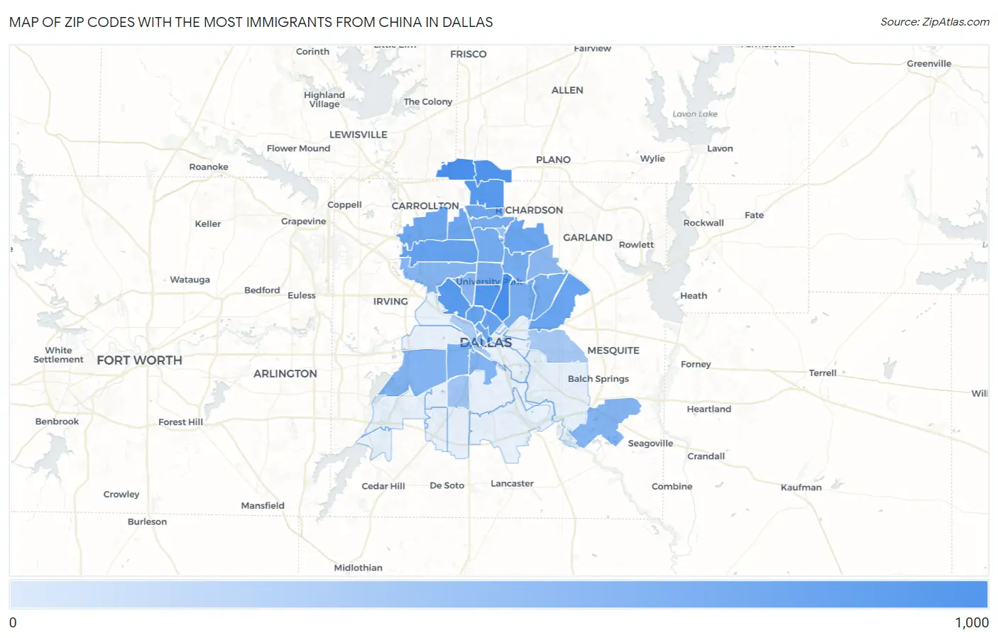 Zip Codes with the Most Immigrants from China in Dallas Map