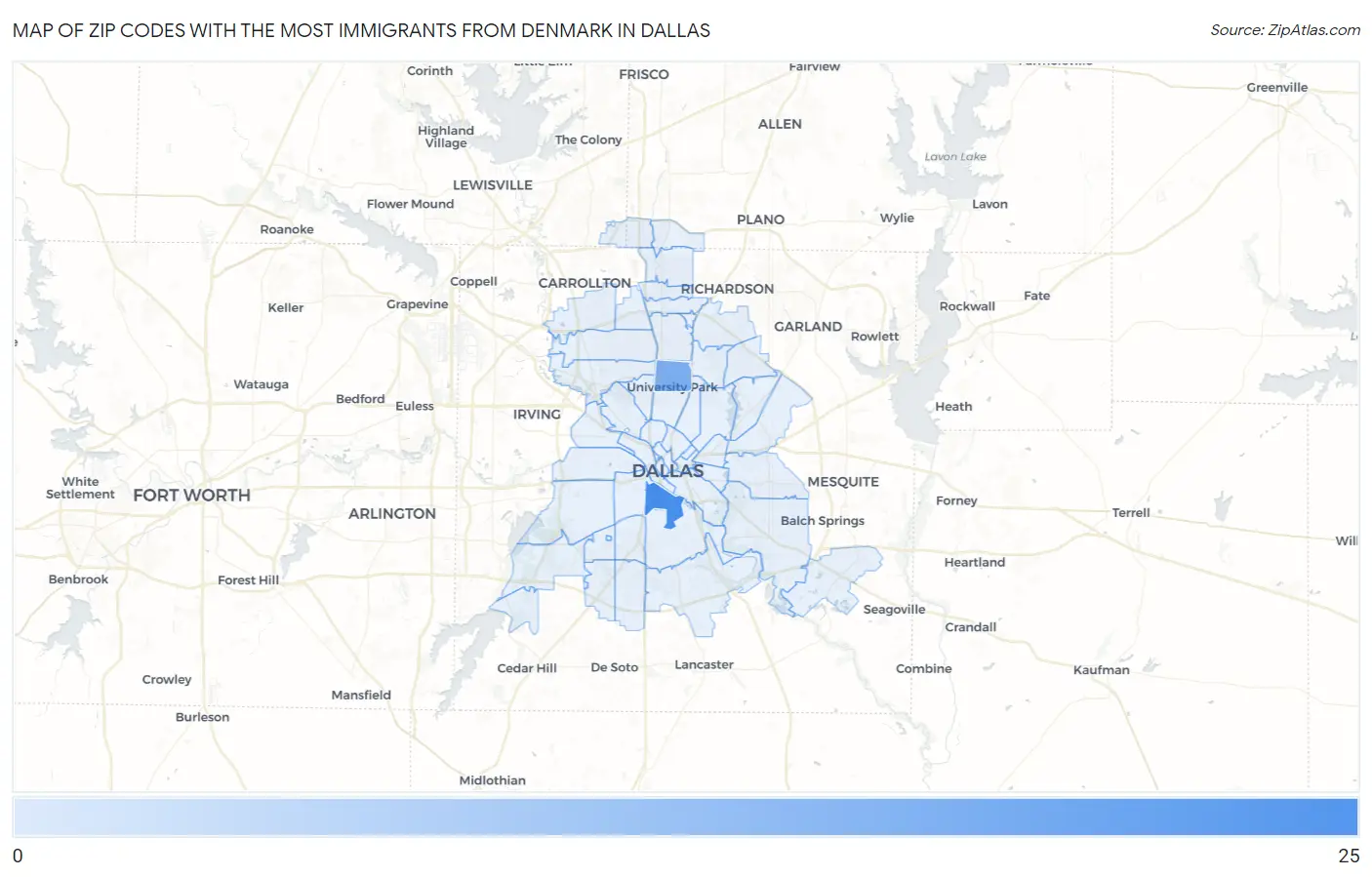 Zip Codes with the Most Immigrants from Denmark in Dallas Map