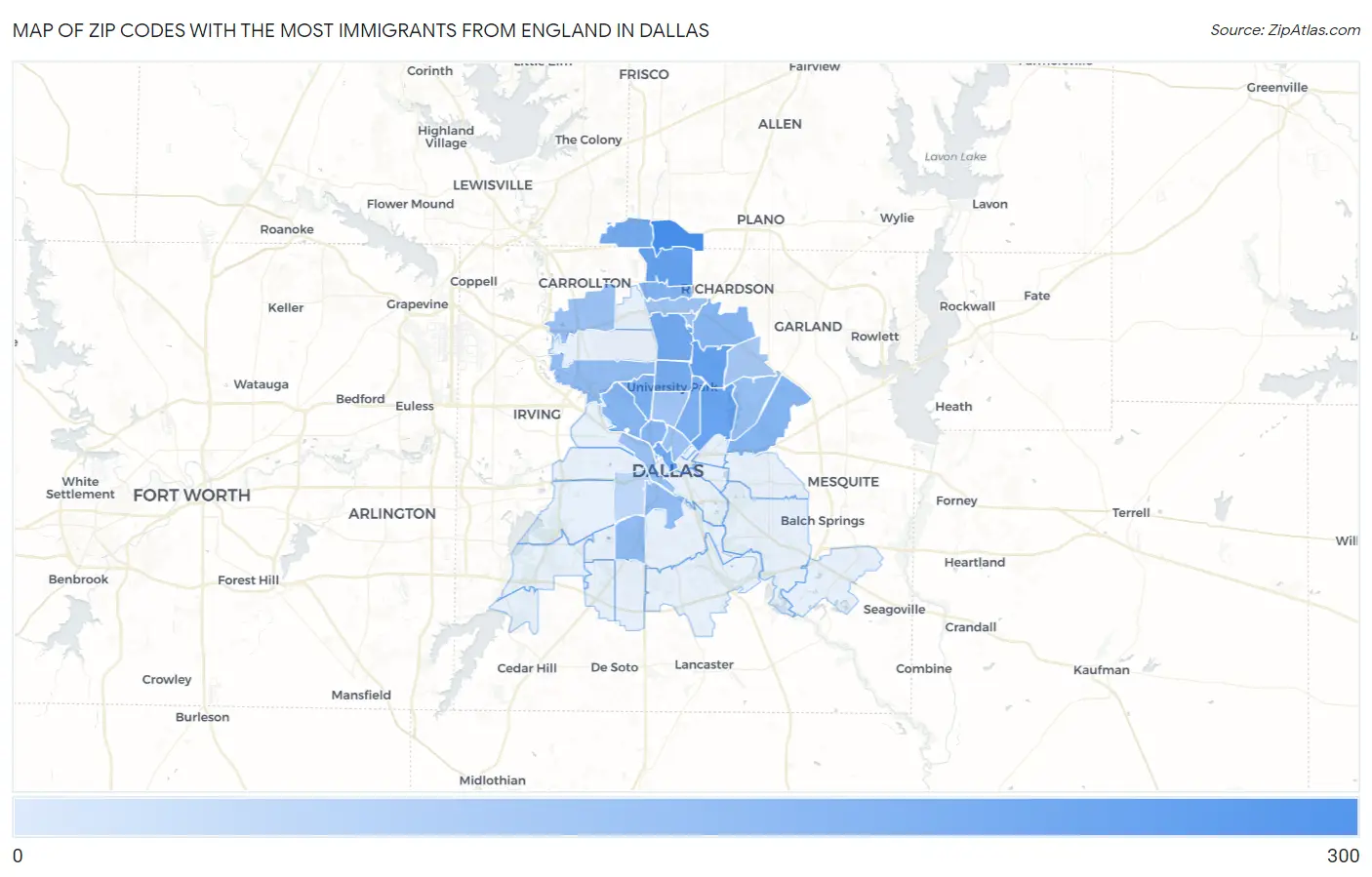 Zip Codes with the Most Immigrants from England in Dallas Map