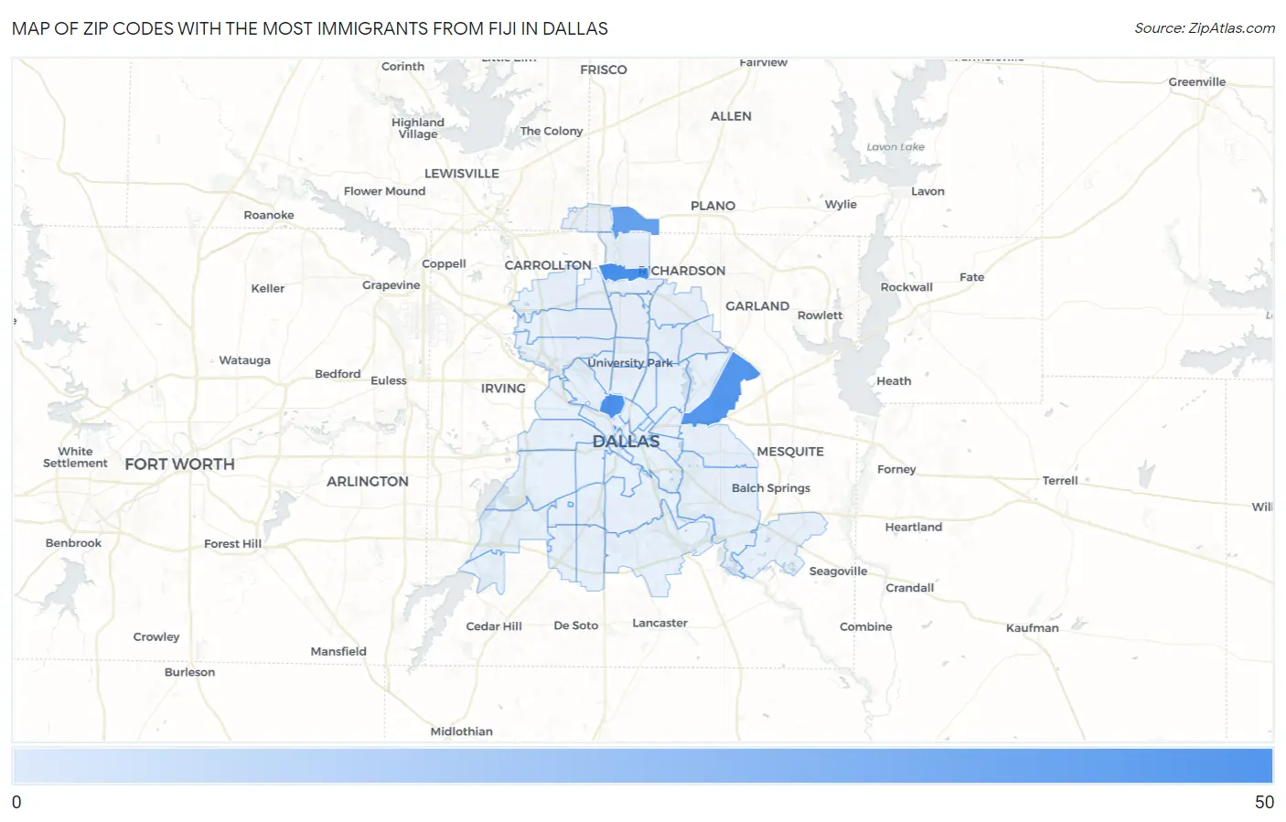 Zip Codes with the Most Immigrants from Fiji in Dallas Map