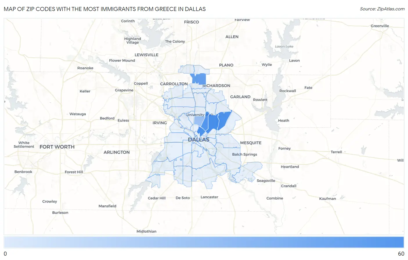 Zip Codes with the Most Immigrants from Greece in Dallas Map