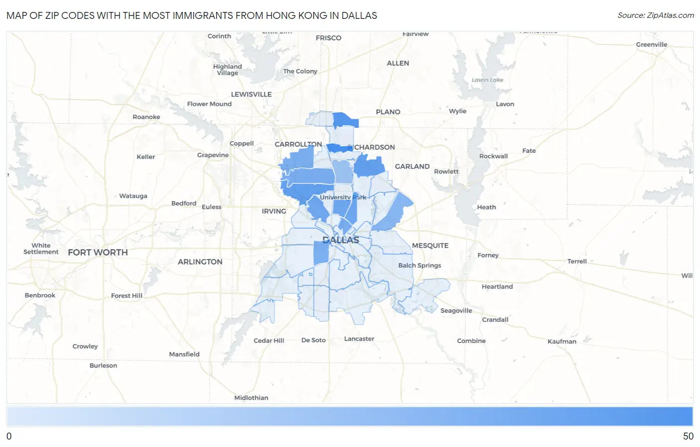 Zip Codes with the Most Immigrants from Hong Kong in Dallas Map
