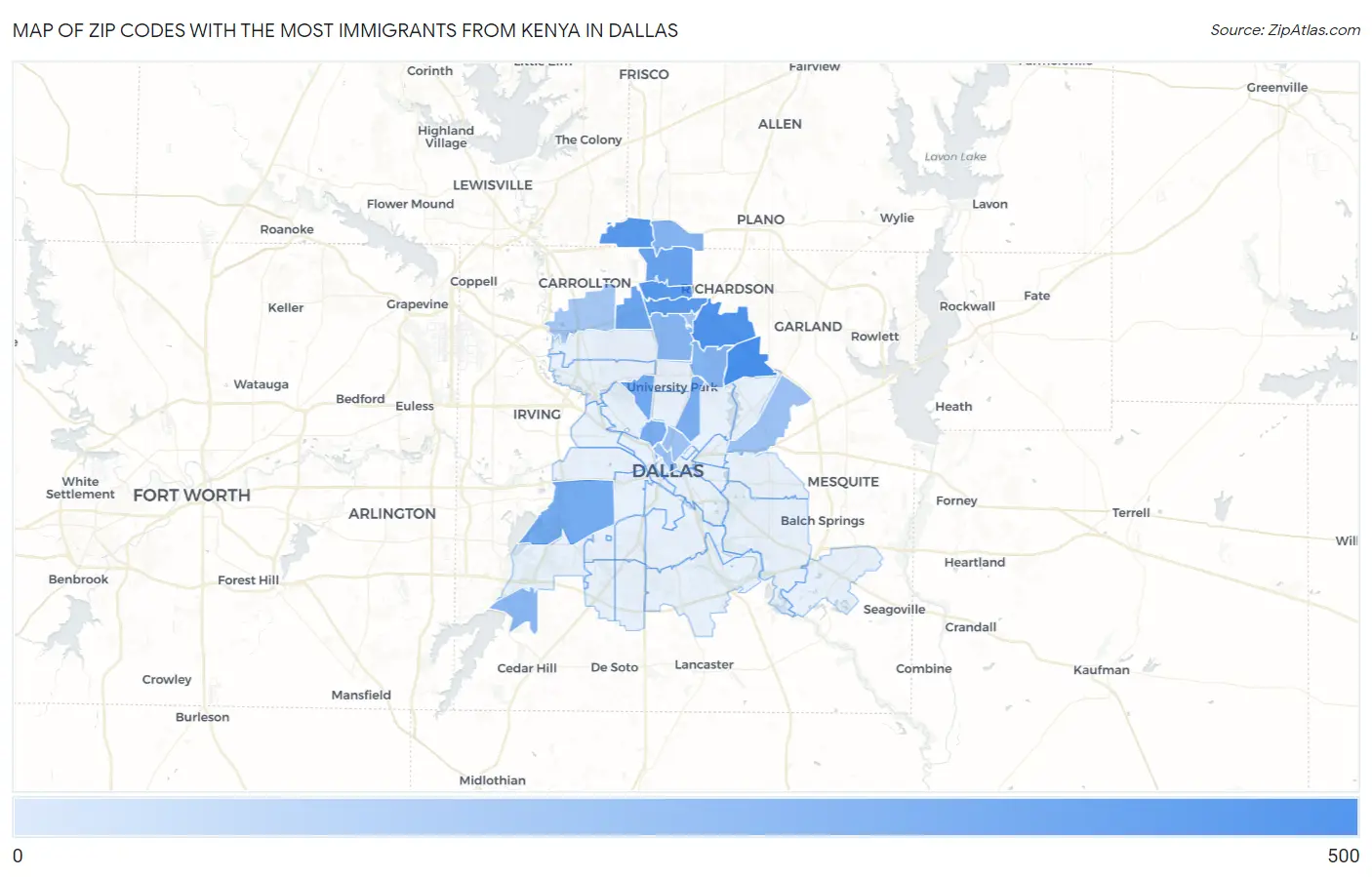 Zip Codes with the Most Immigrants from Kenya in Dallas Map