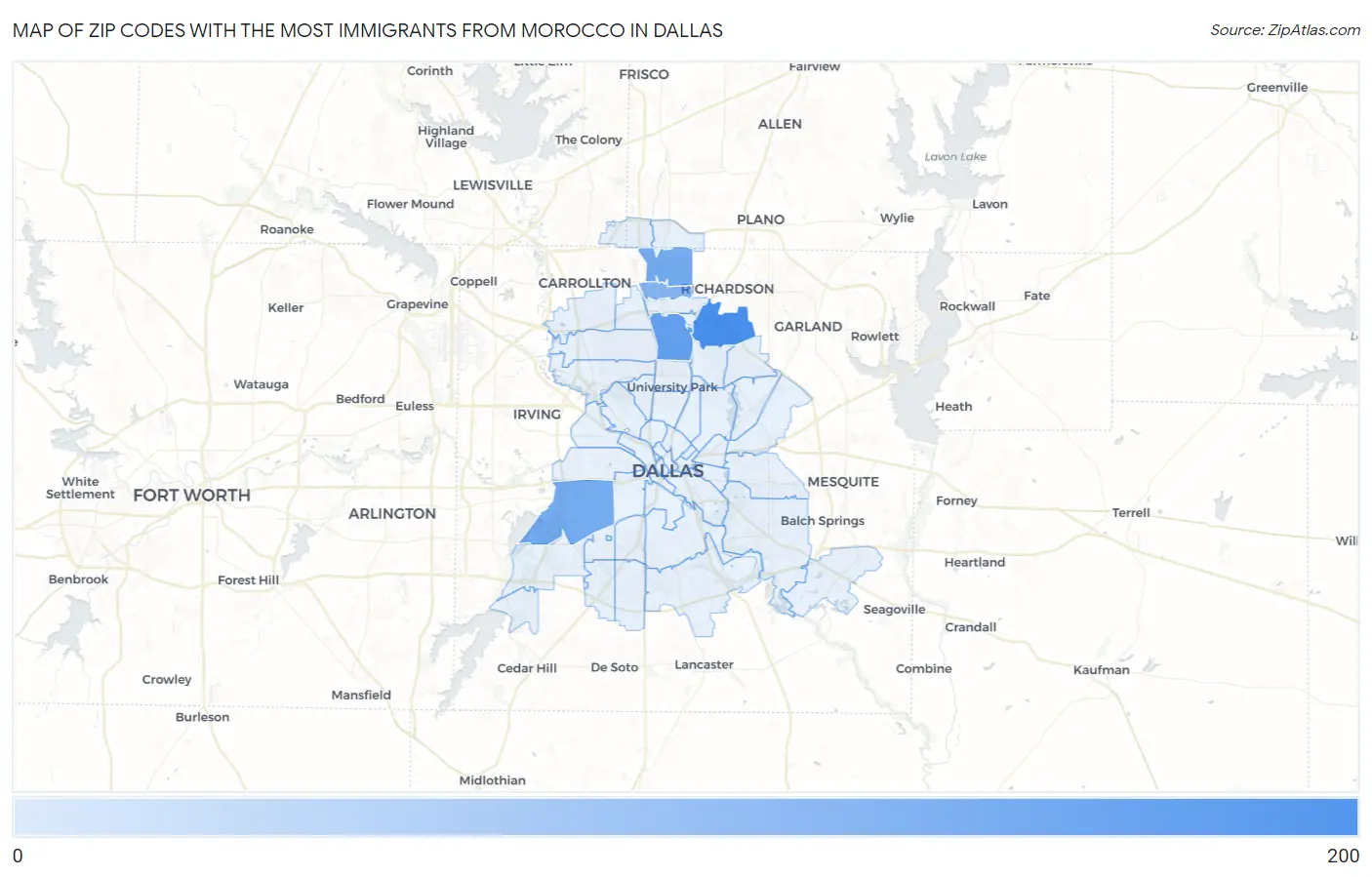 Zip Codes with the Most Immigrants from Morocco in Dallas Map
