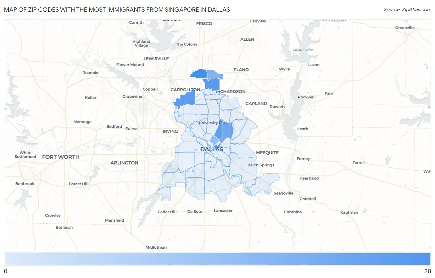 Zip Codes with the Most Immigrants from Singapore in Dallas Map