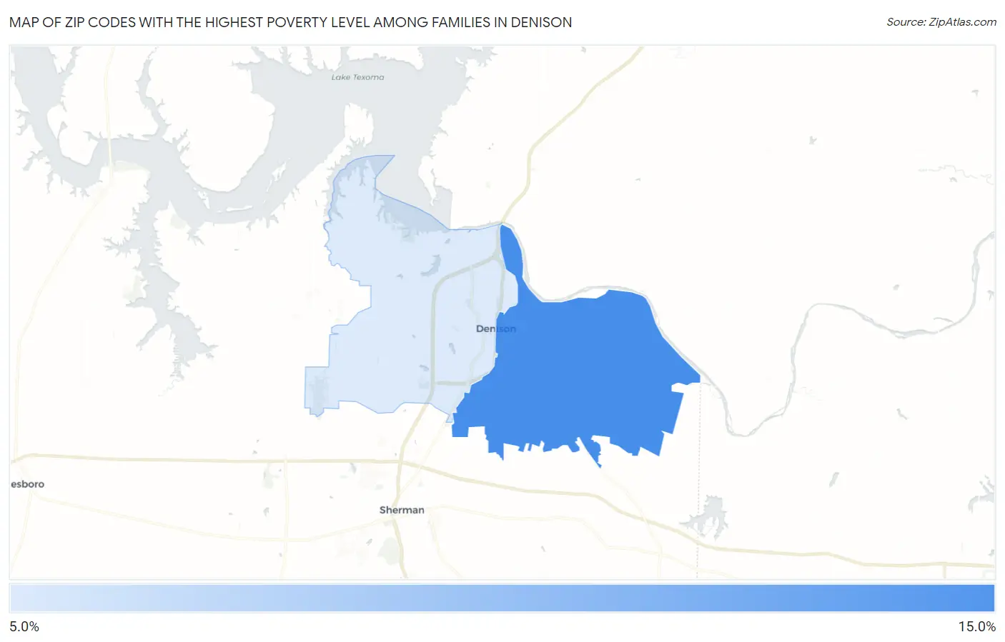 Zip Codes with the Highest Poverty Level Among Families in Denison Map