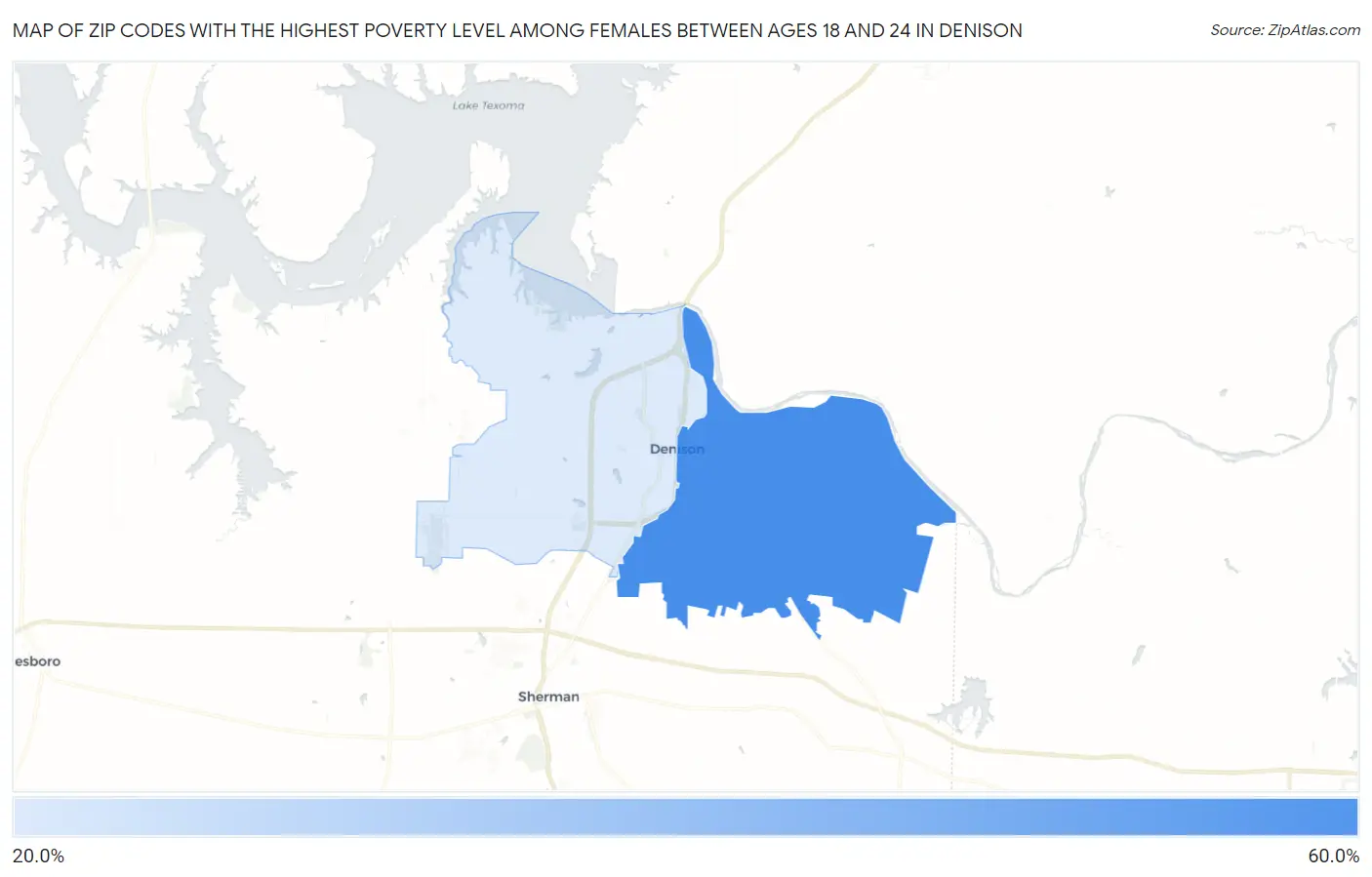 Zip Codes with the Highest Poverty Level Among Females Between Ages 18 and 24 in Denison Map