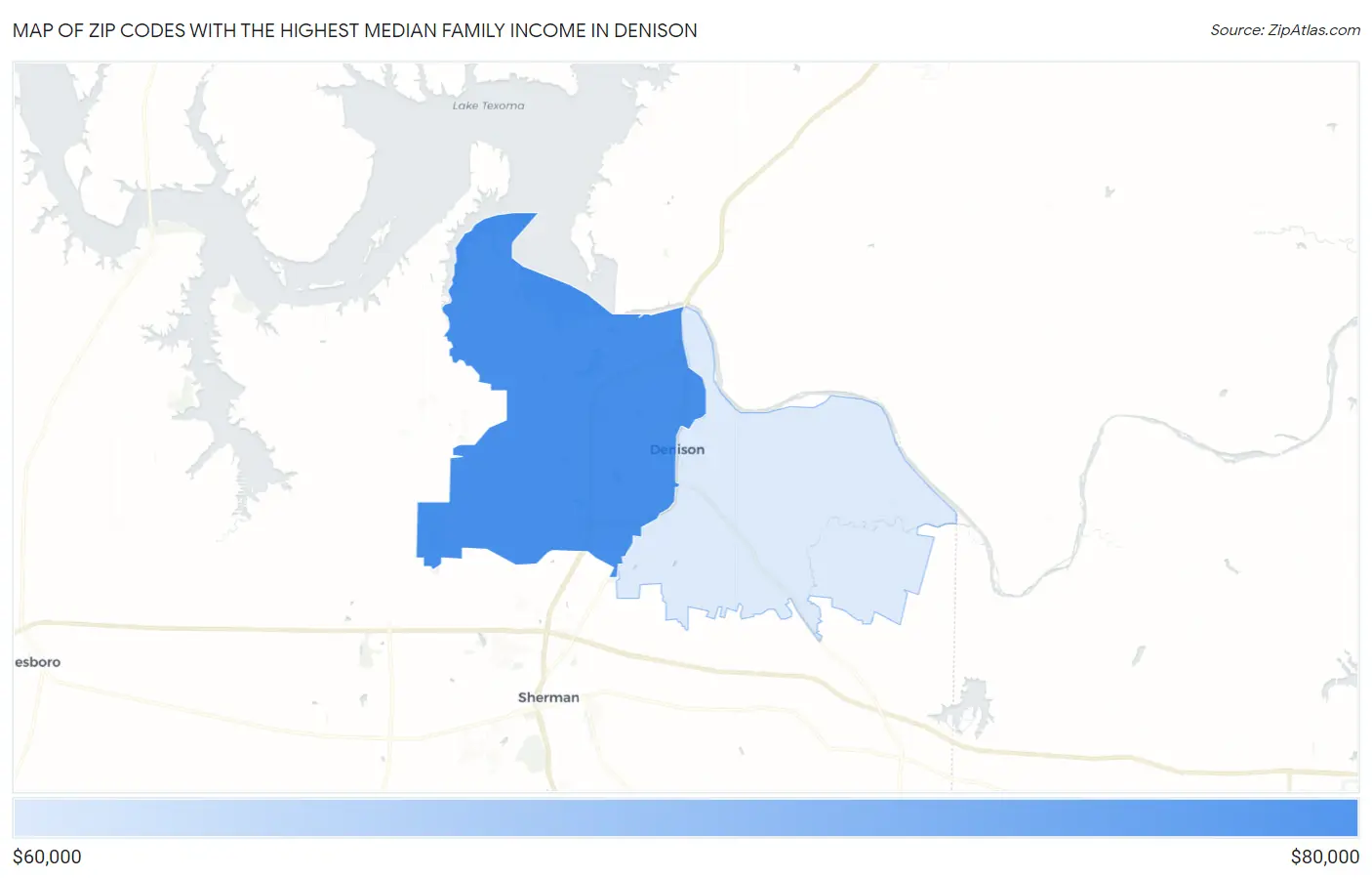 Zip Codes with the Highest Median Family Income in Denison Map